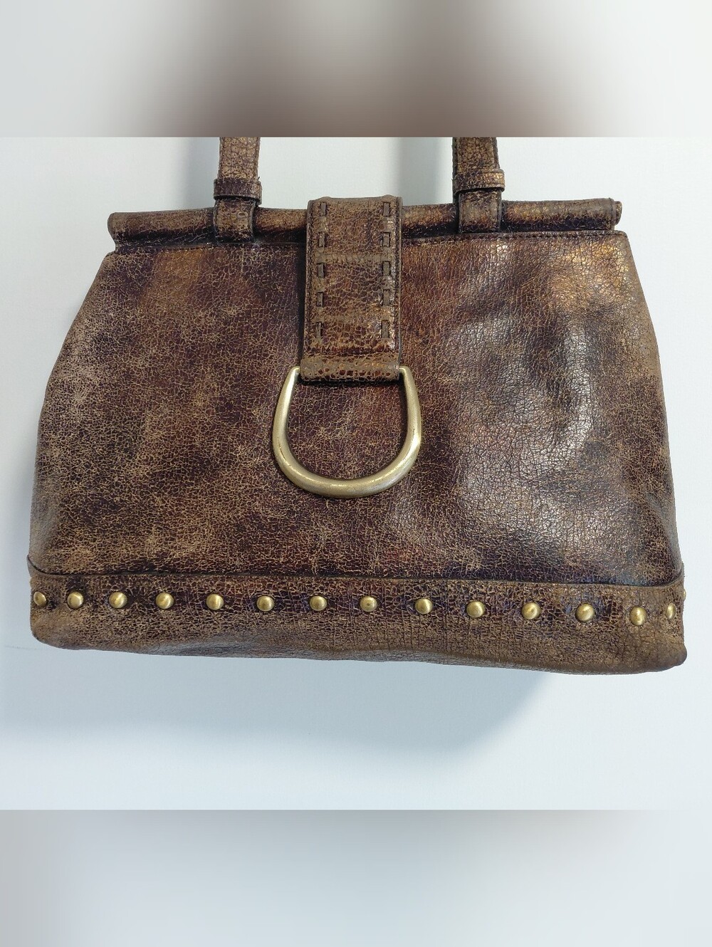 Y2K Donald J. Pliner Studded Brown/Copper Distressed Leather Shoulder Bag